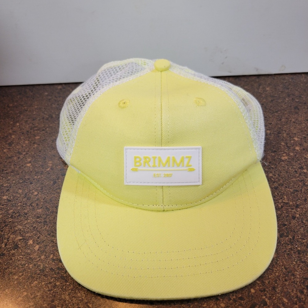 Brimmz Trucker Hat Unisex Small Yellow White Mesh Back Flat Brim Snapback Cap